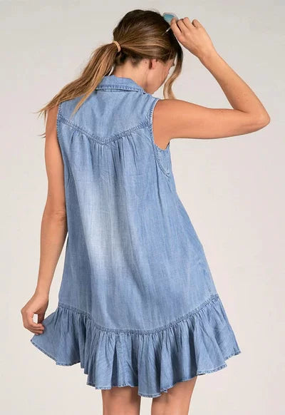 Twirl It Summer Denim Dress from Raggdoll Boutique, perfect for trendy coastal style and summer outfits in Texas.