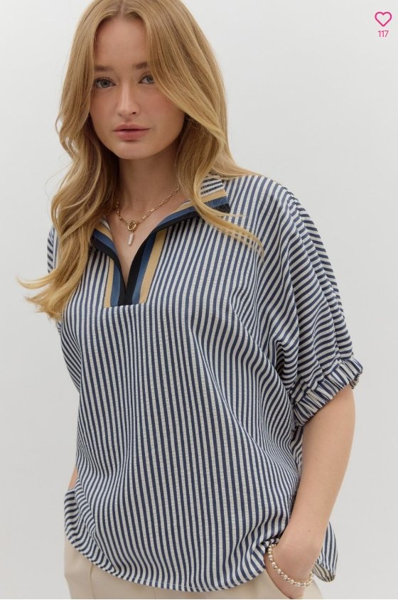 Liz Top - Navy Stripe High Neck Dolman Top with Multicolor Rib Accent from Raggdoll Boutique