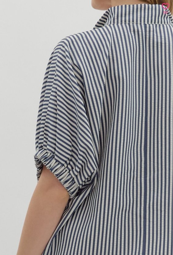 Navy Stripe High Neck Dolman Top from Raggdoll Boutique, featuring elastic sleeve bands and multicolor rib accent. Liz Top.