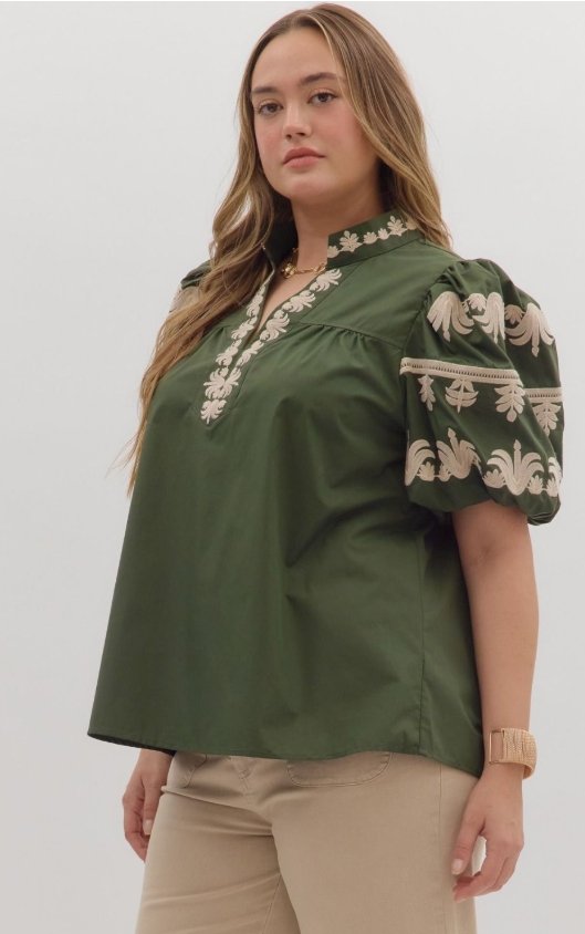 Margot Top - Plus size dark green V-neck pullover with embroidered placket and bubble sleeves from Raggdoll Boutique.