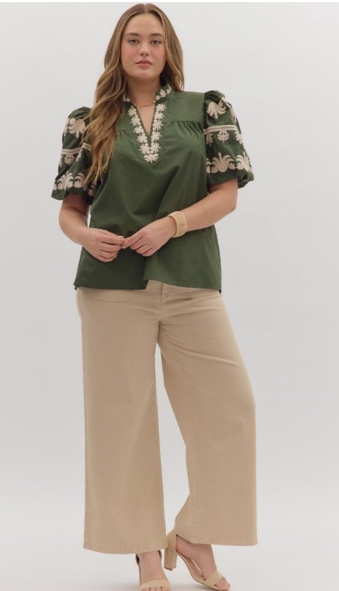 Margot Top - Plus size dark green V-neck pullover with embroidered placket and bubble sleeves from Raggdoll Boutique.