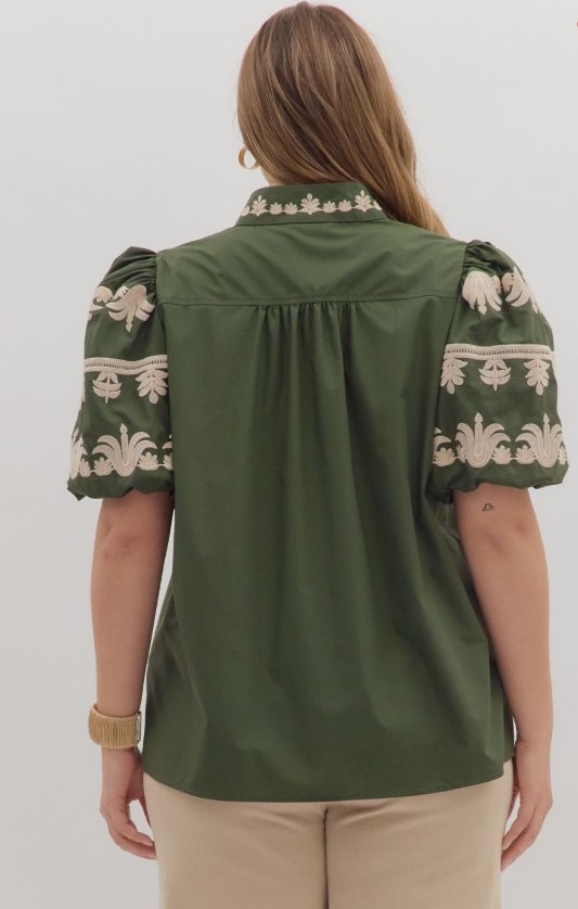 Back view of Margot Top, a plus size dark green pullover with embroidered bubble sleeves, perfect for trendy coastal style.