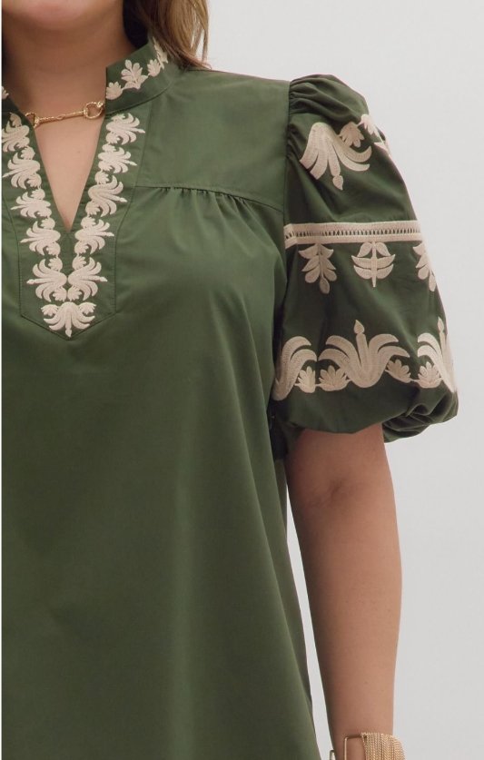 Plus size Margot Top in dark green with embroidered placket and bubble sleeves from Raggdoll Boutique.