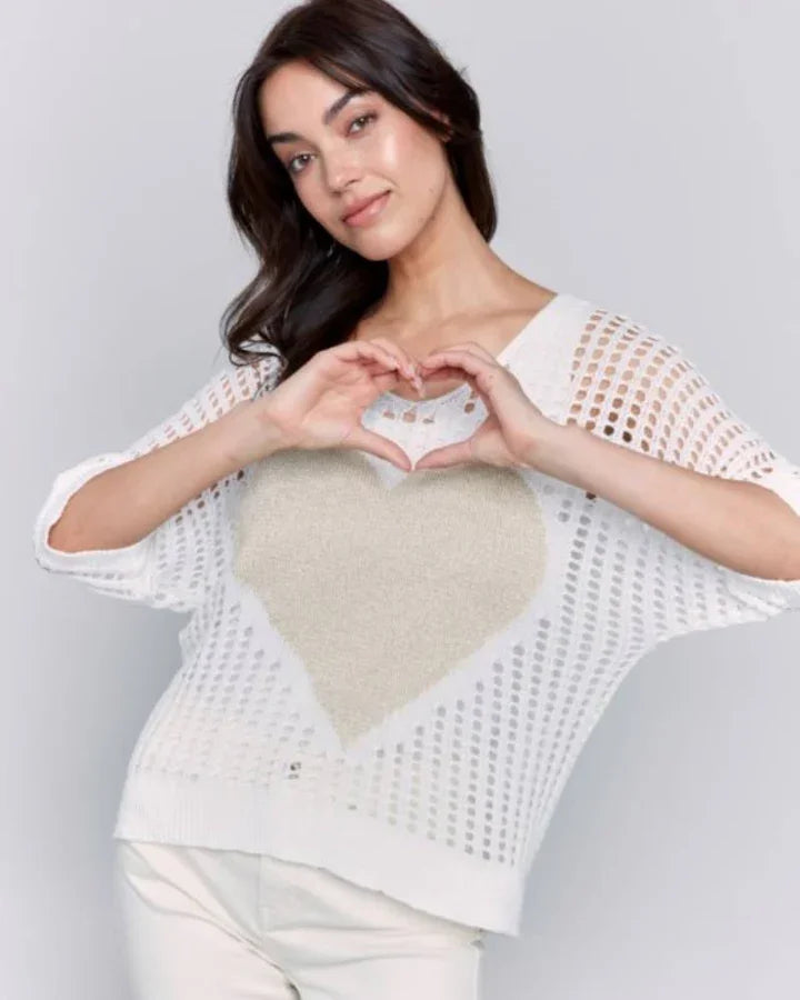 White and gold heart sweater with fishnet details, flattering V-neck, perfect for coastal boutique clothing and beach dresses.