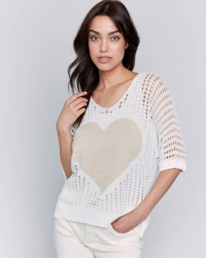 White and gold heart sweater with fishnet detail, perfect for coastal boutique clothing and stylish tops for women.