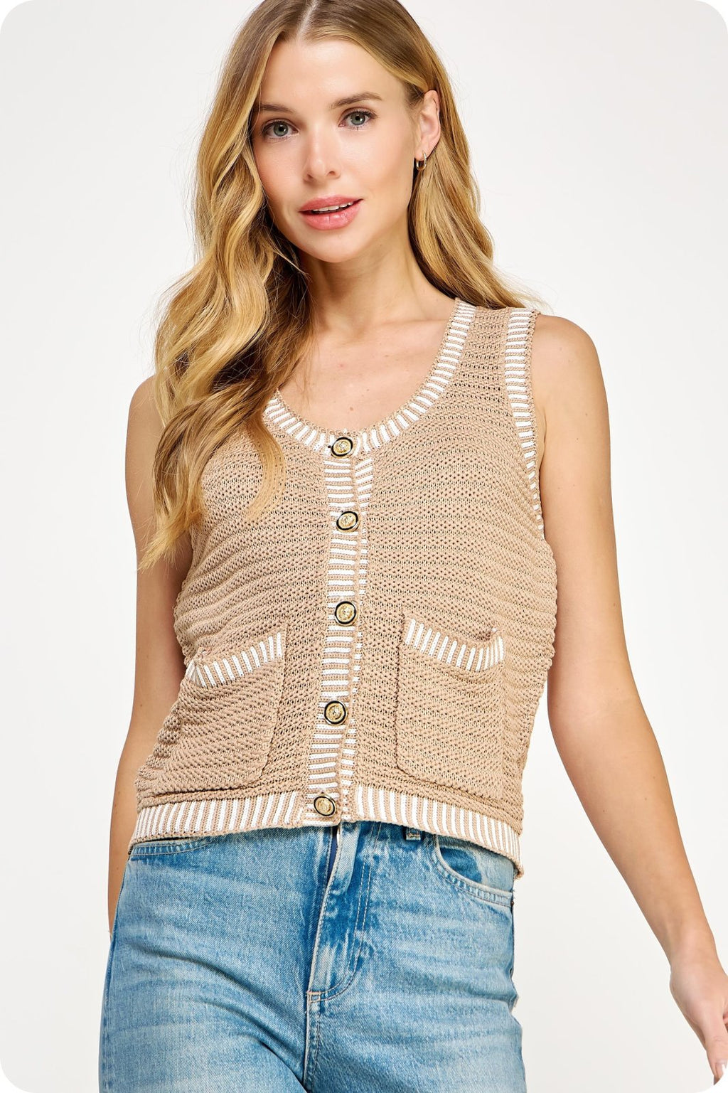 Stylish crochet taupe vest with button detail, perfect for coastal boutique clothing and curated women's fashion.