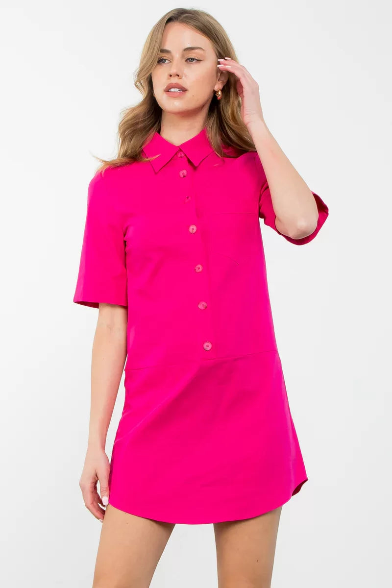 THML BrIght Pink Button-Up Dress from Raggdoll Boutique, perfect for trendy coastal style and summer outfits Texas.