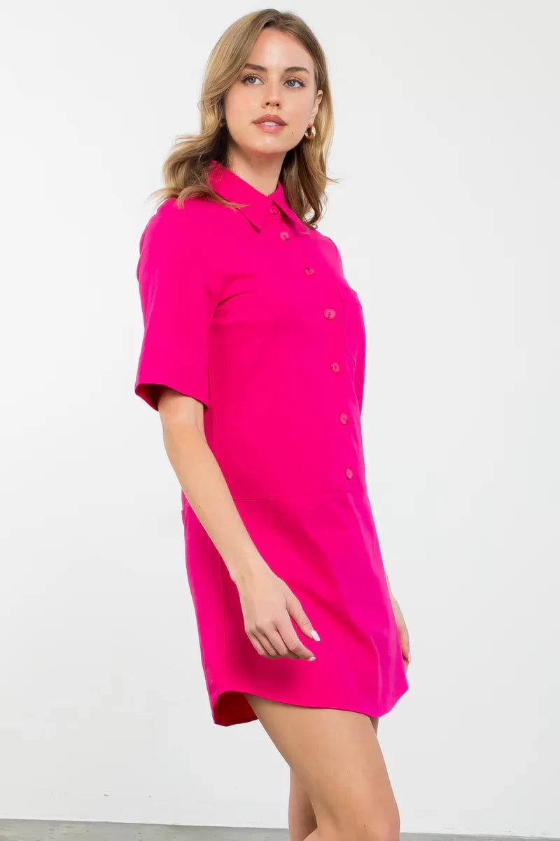 THML BrIght Pink Button-Up Dress, trendy coastal style from Raggdoll Boutique, perfect for summer outfits Texas.