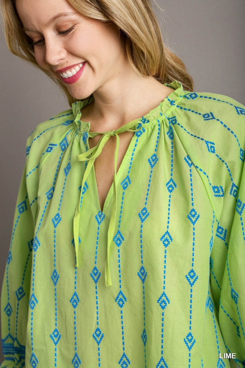 Lime and Blue Embroidered Top from Raggdoll Boutique, trendy coastal style for summer outfits Texas.