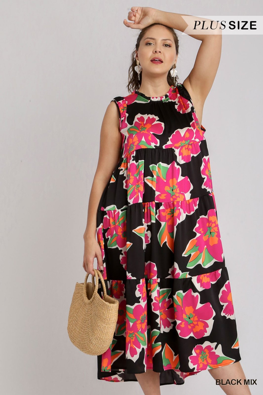 Plus Black and Pink Floral Midi Dress from Raggdoll Boutique, perfect for trendy coastal style summer outfits Texas.