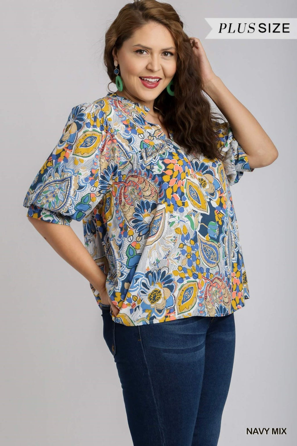 Stylish plus size top in navy mix, perfect for coastal boutique clothing and beach dresses, ideal for tropical vacations.