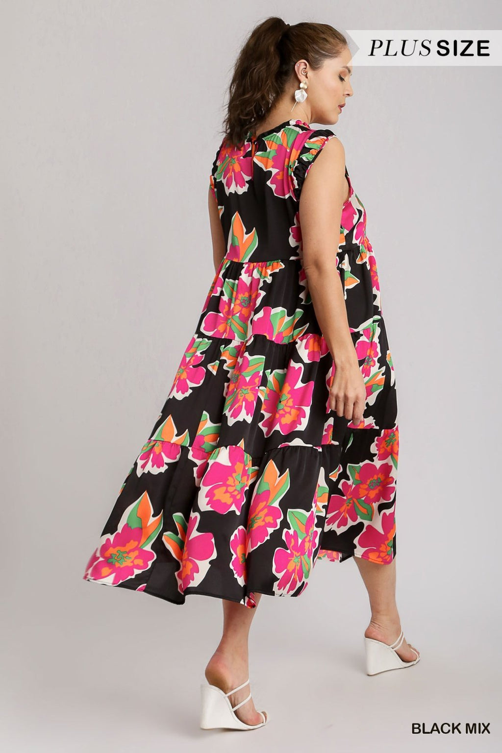 Plus Black and Pink Floral Midi Dress from Raggdoll Boutique, ideal for summer outfits Texas and vacation wardrobe boutique.