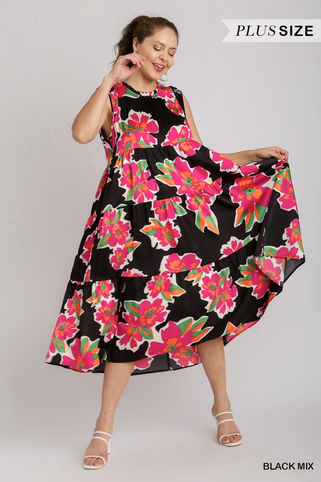 Plus Black and Pink Floral Midi Dress from Raggdoll Boutique, perfect for trendy coastal style and summer outfits.