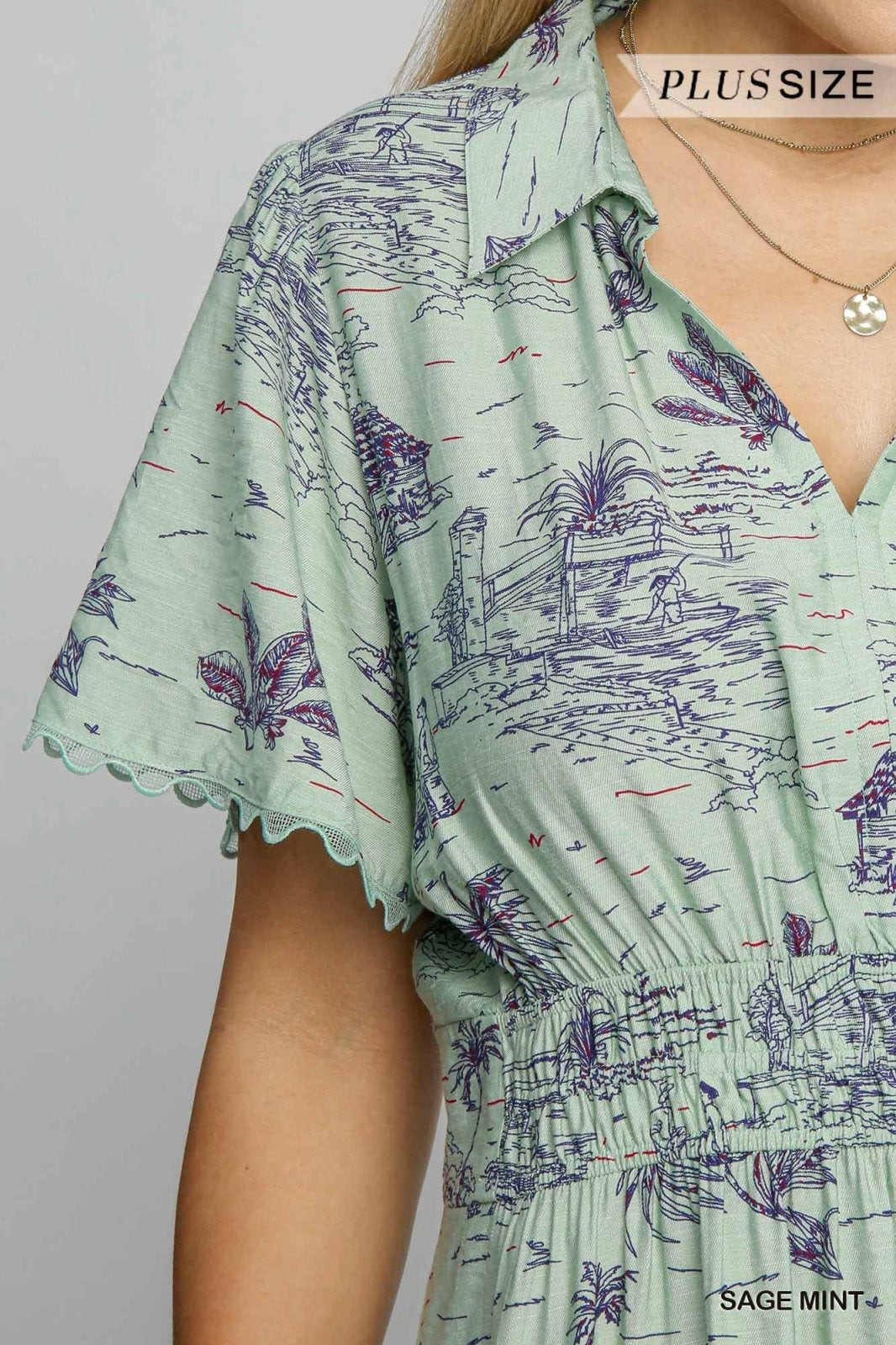 Plus size Landscape Print Collared Mini Dress from coastal boutique, ideal for stylish tropical vacations or casual outings.