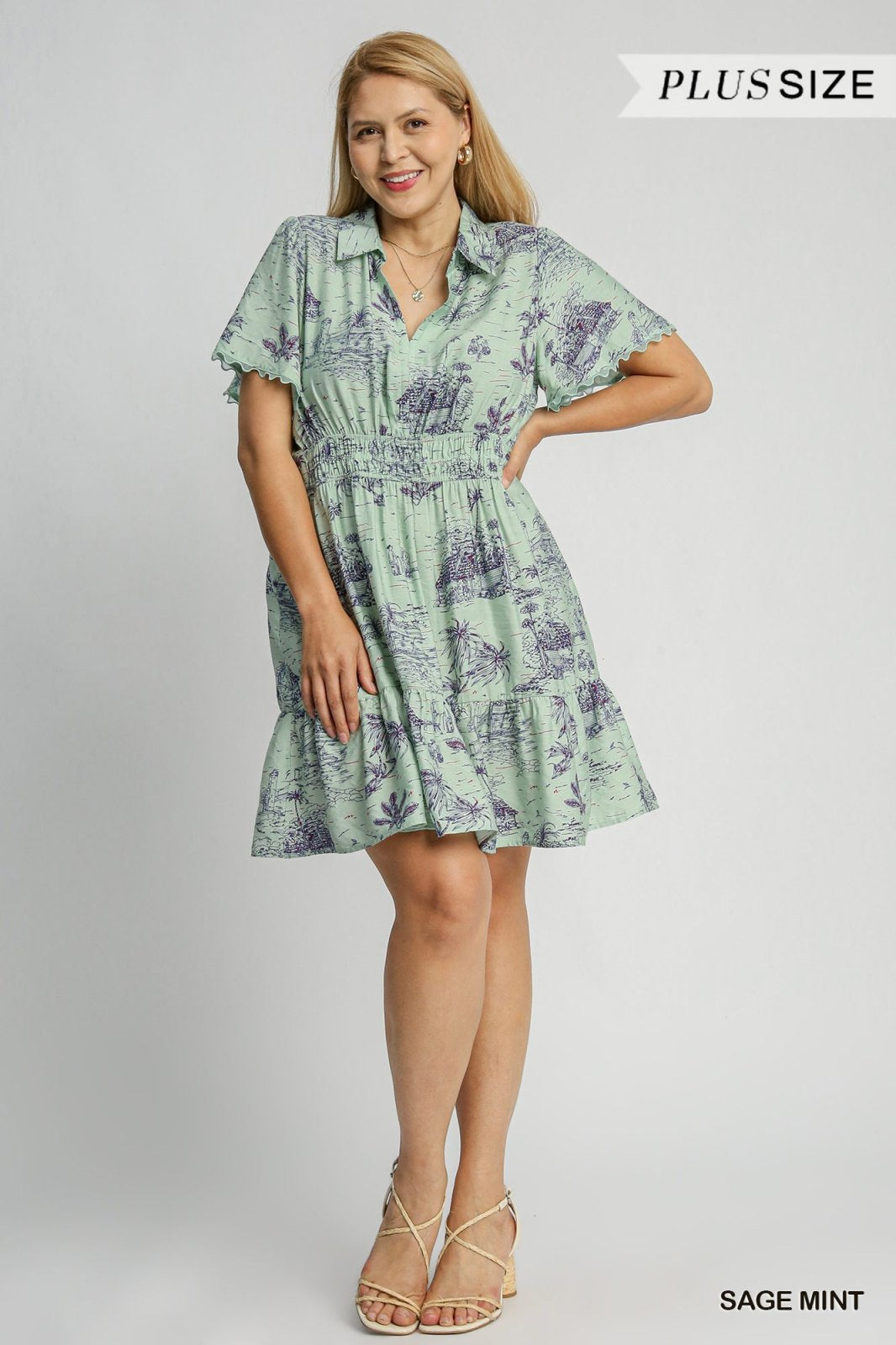 Plus size Ray-Lynn dress in sage mint with coastal print, perfect for beach outings and women's fashion at Port Aransas boutique.