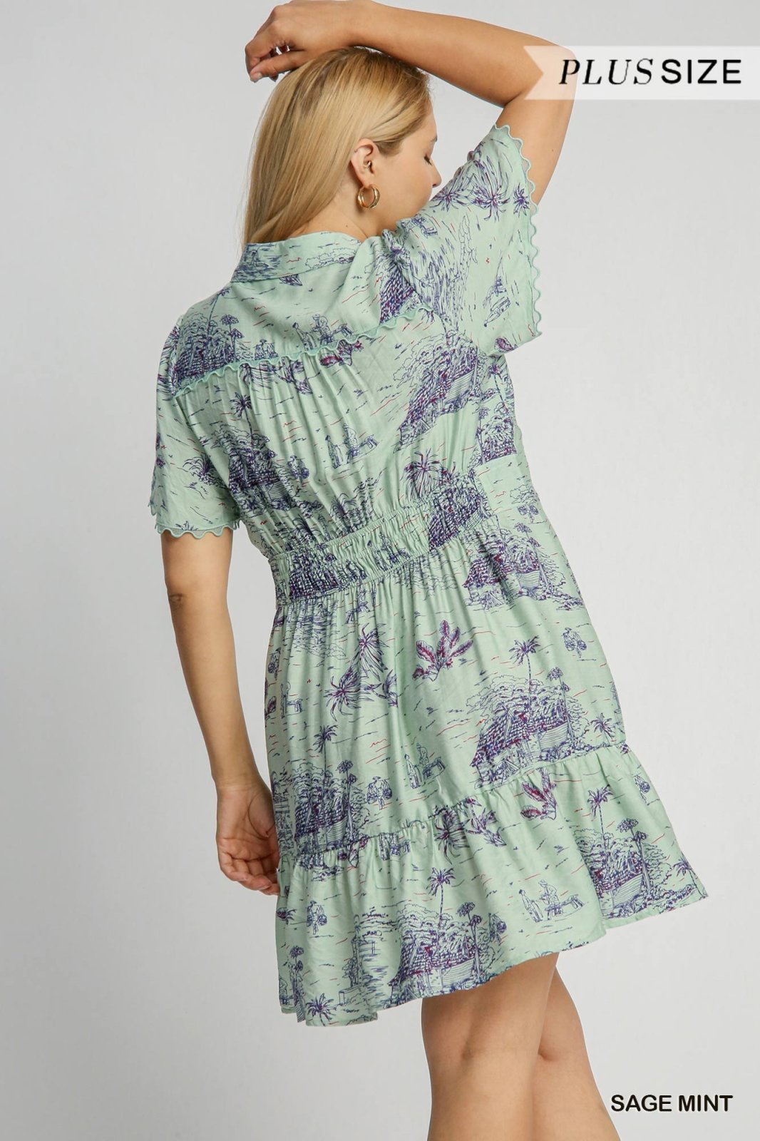 Plus size Ray-Lynn dress in sage mint with coastal landscape print, perfect for beach outings and curvy women's fashion.