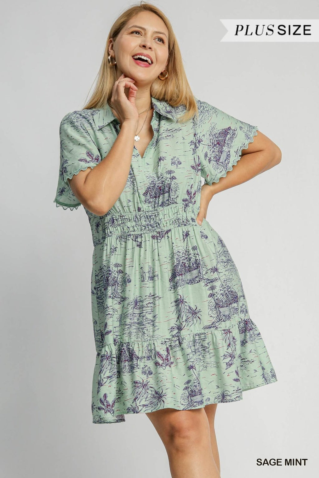 Plus size Ray-Lynn Dress in sage mint with landscape print, perfect for coastal boutique clothing and tropical vacation attire.