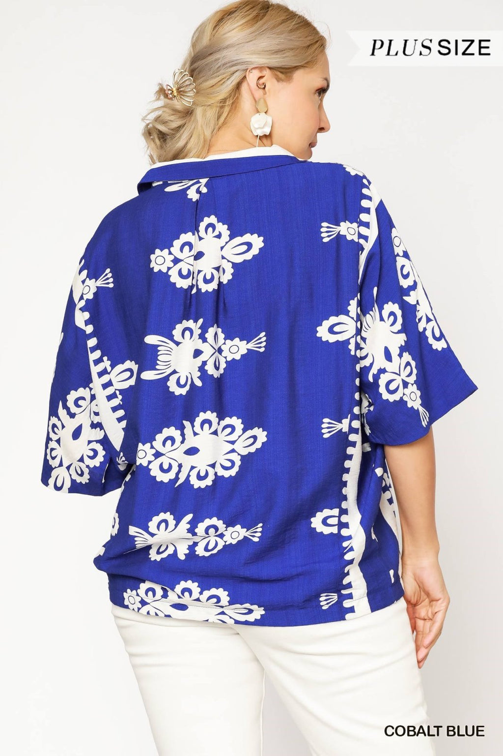 Plus Cobalt Print Top featuring a bold border print in cobalt blue, perfect for trendy coastal style from Raggdoll Boutique.