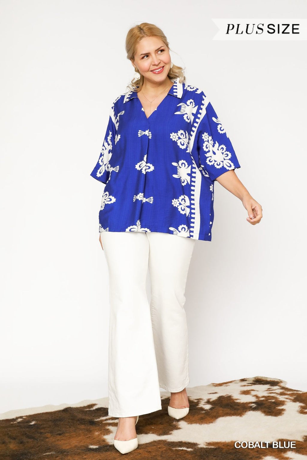Plus Cobalt Print Top featuring bold cobalt blue color and border print design for trendy coastal style.