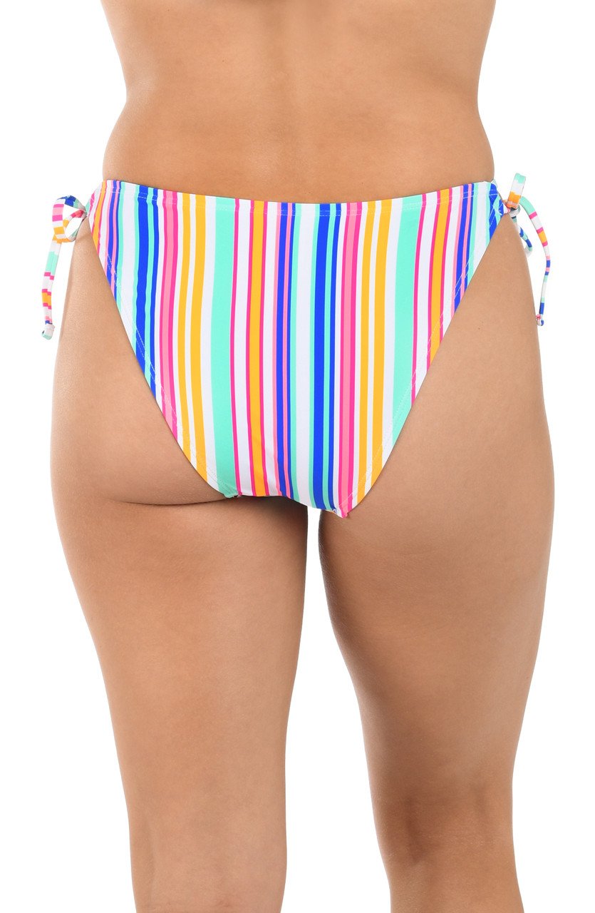 Colorful striped bikini bottom for juniors from a coastal boutique, perfect for beachwear and summer vacations.