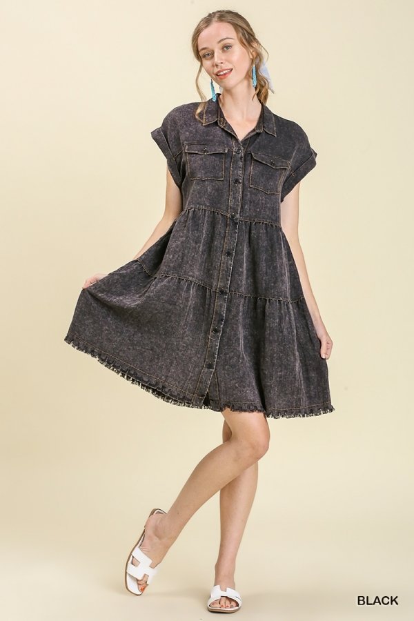 SNOW WASHED BLACK RUFFLE DRESS styled with trendy coastal elements at Raggdoll Boutique.