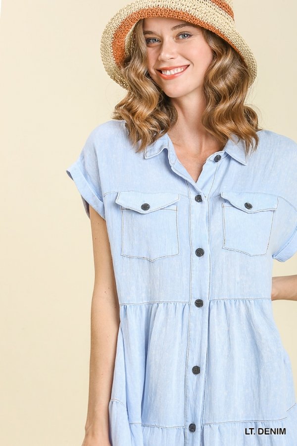 DENIM FOR DAYS DRESS modeled by a woman with a straw hat, perfect for summer outfits Texas at Raggdoll Boutique.