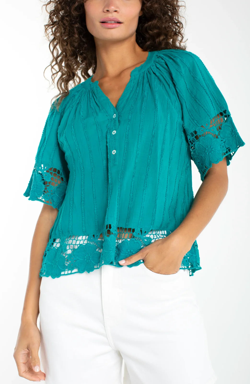 LP- Woven Top With Lace- Teal