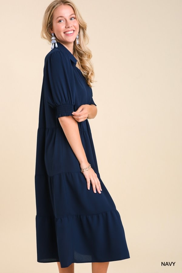NAVY TIERED MIDI dress from Raggdoll Boutique showcasing trendy coastal style and perfect for summer outfits Texas.