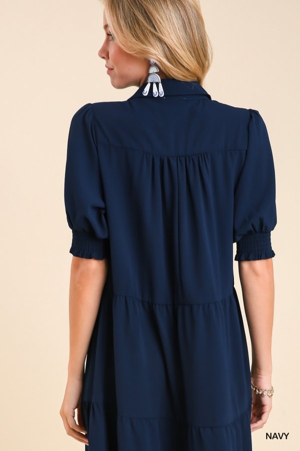 Navy Tiered Midi dress from Raggdoll Boutique, featuring trendy coastal style perfect for summer outfits in Port Aransas.
