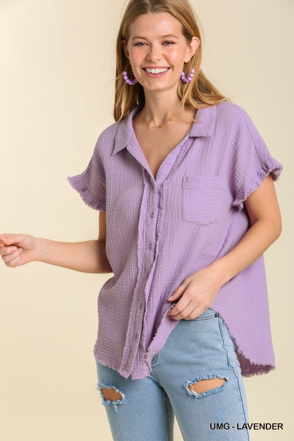 LAVENDER BUTTON UP TOP for women, trendy coastal style from Raggdoll Boutique, perfect summer outfit.