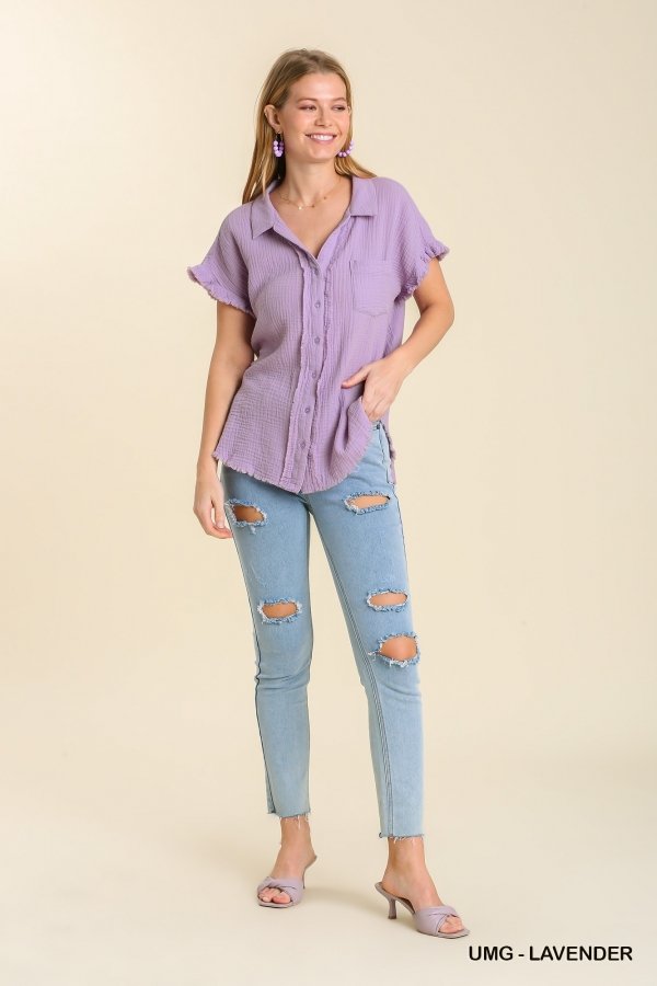 LAVENDER BUTTON UP TOP styled with ripped jeans from Raggdoll Boutique for trendy coastal fashion.