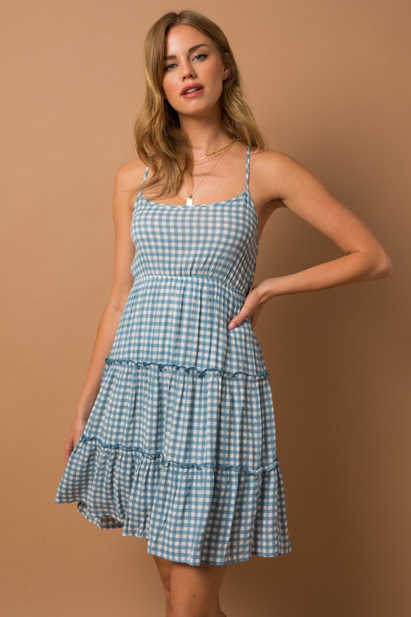 CHECKERS BLUE AND WHITE DRESS from Raggdoll Boutique, perfect for summer outfits Texas and trendy coastal style.