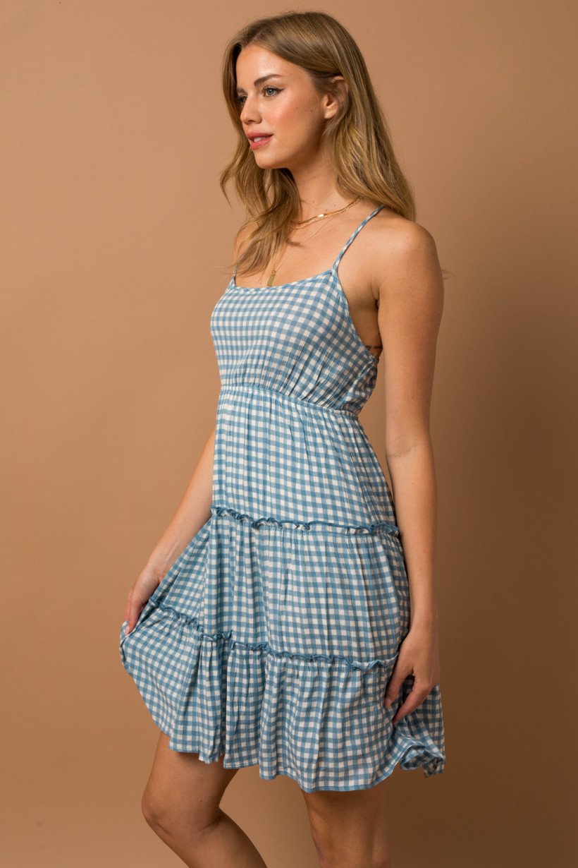 CHECKERS BLUE AND WHITE DRESS from Raggdoll Boutique, perfect for summer outfits Texas and trendy coastal style.