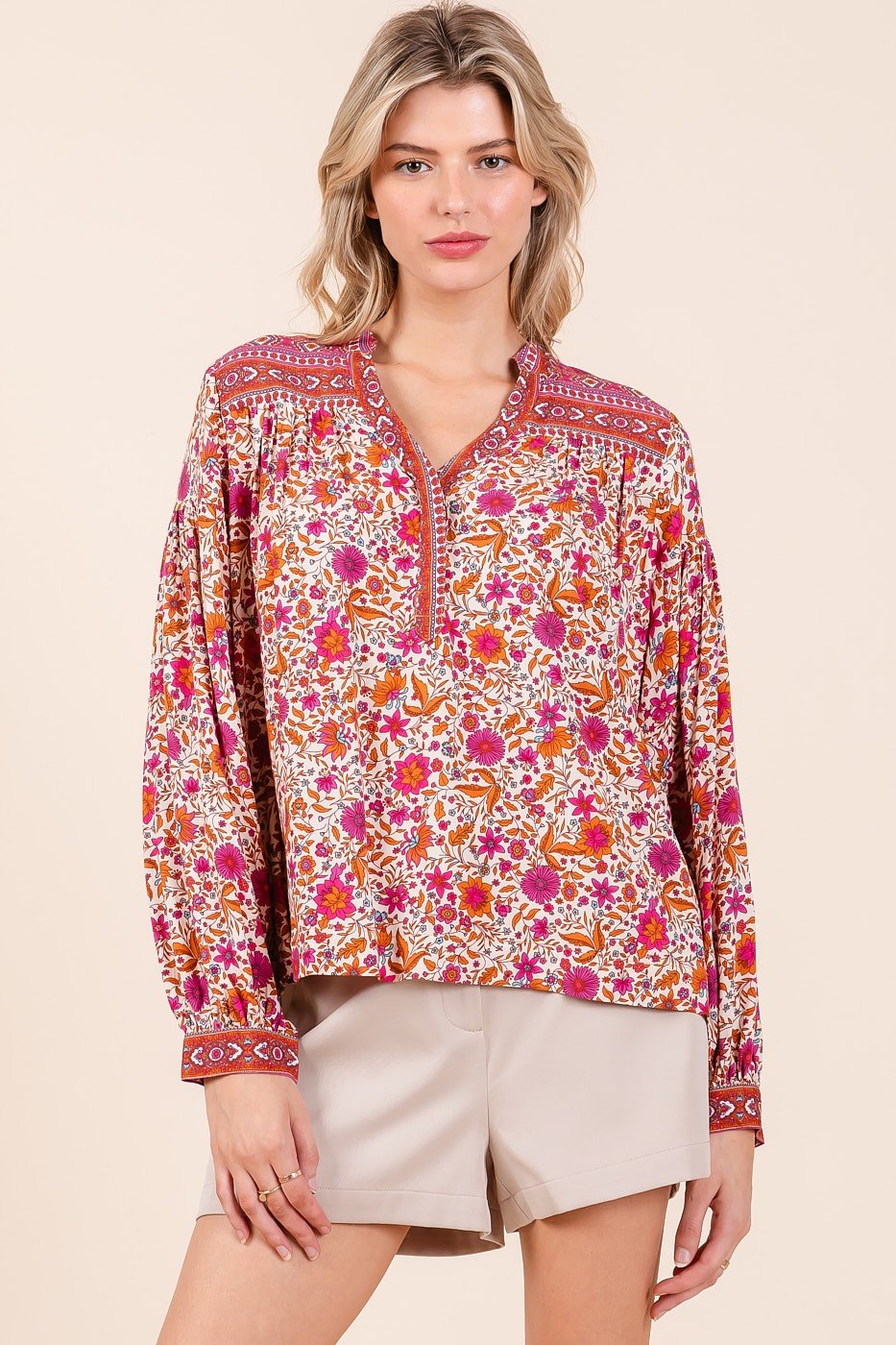 Orange and Pink Floral Border Top styled for trendy coastal fashion at Raggdoll Boutique.