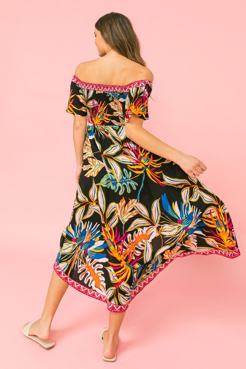 EASY BREEZY OFF-SHOULDER MIDI DRESS showcasing colorful floral print, perfect for coastal fashion at Raggdoll Boutique.