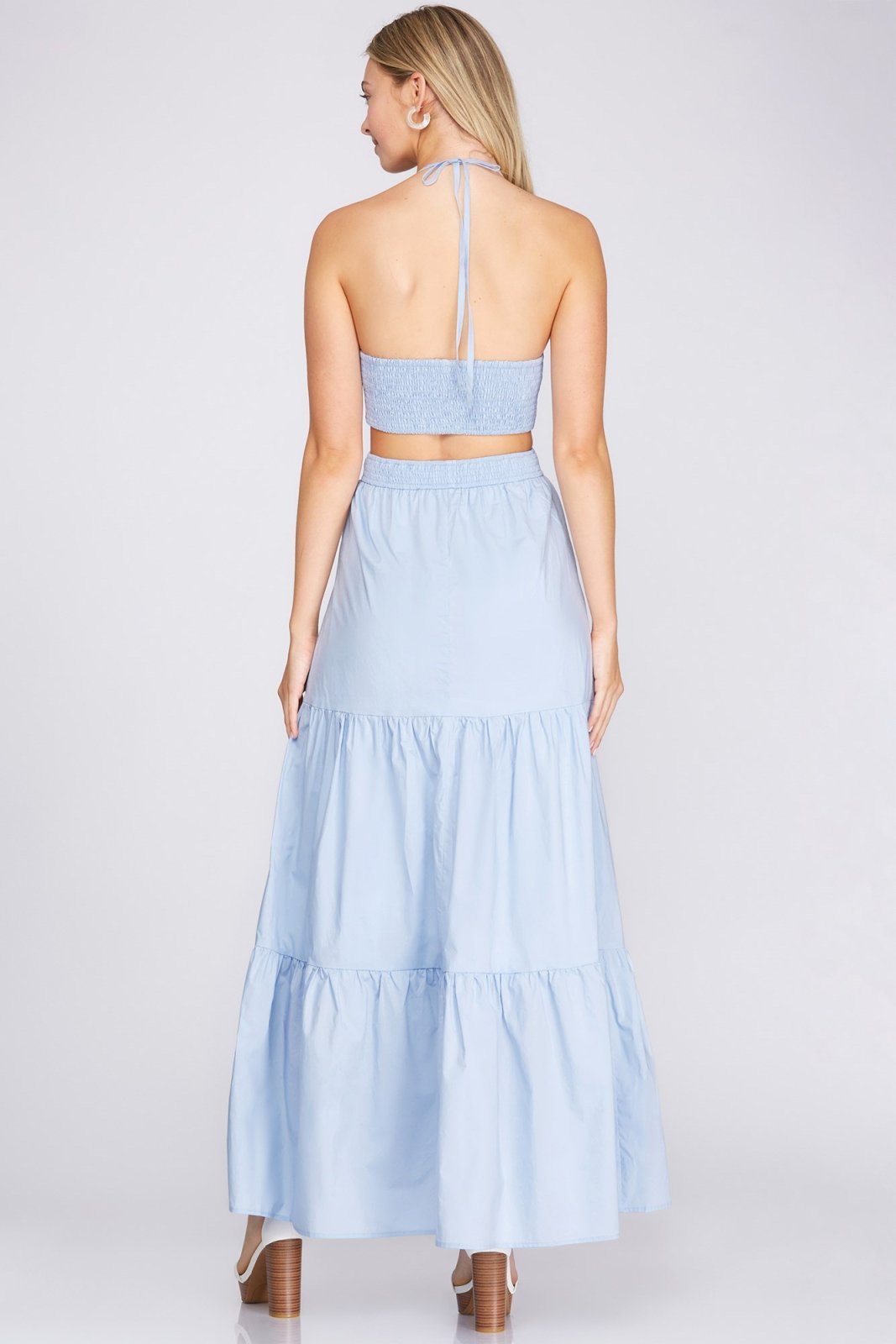 Back view of the SUMMERTIME BLUE DRESS, perfect for summer outfits Texas and coastal fashion boutique.