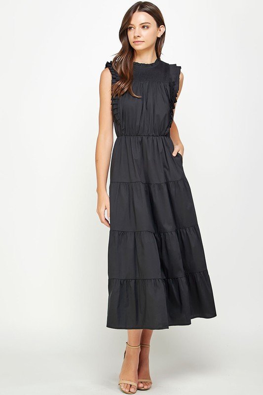 BEAUTIFUL BLACK TIERED PLEAT MIDI DRESS from Raggdoll Boutique, perfect for summer outfits in Texas and trendy coastal style.