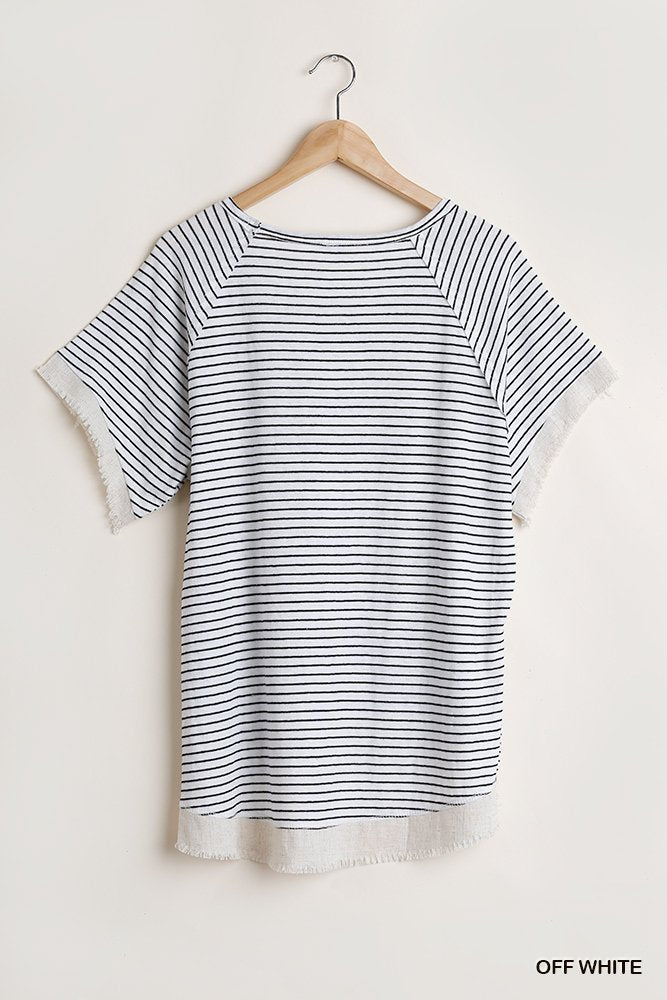 WHITE AND BLACK STRIPED TOP WITH RAW EDGE DETAIL from Raggdoll Boutique, trendy coastal style for summer outfits Texas.