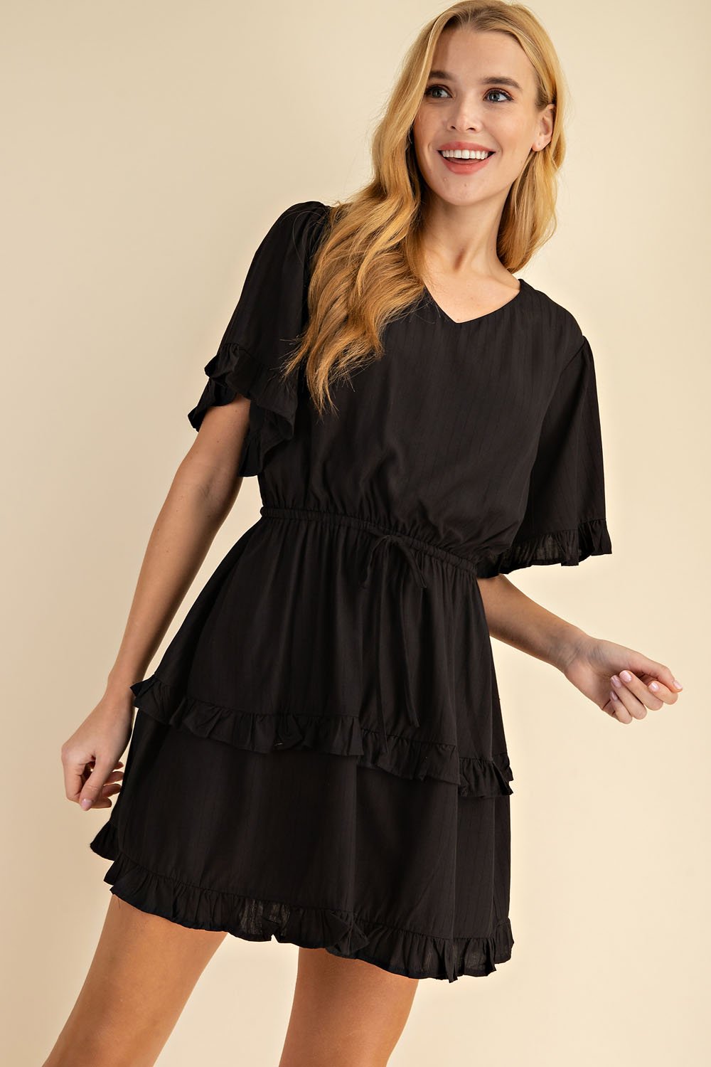 BLACK RUFFEL DETAIL DRESS from Raggdoll Boutique, perfect for summer outfits Texas and coastal fashion.
