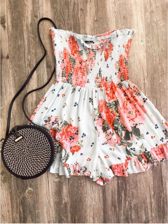 BLUE FLORAL ROMPER WITH SMOCKING from Raggdoll Boutique, trendy coastal style summer outfit.