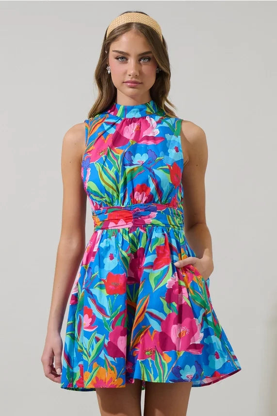 Cami dress with vibrant floral print, perfect for coastal boutique clothing and beach dresses from Port Aransas boutique.