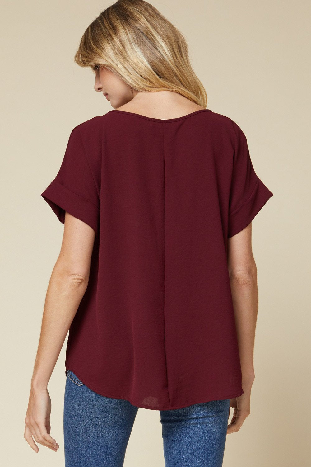 Back view of SIMPLE SCOOP NECK TOP-BURGUNDY with rolled sleeves, lightweight fabric, from Raggdoll Boutique.