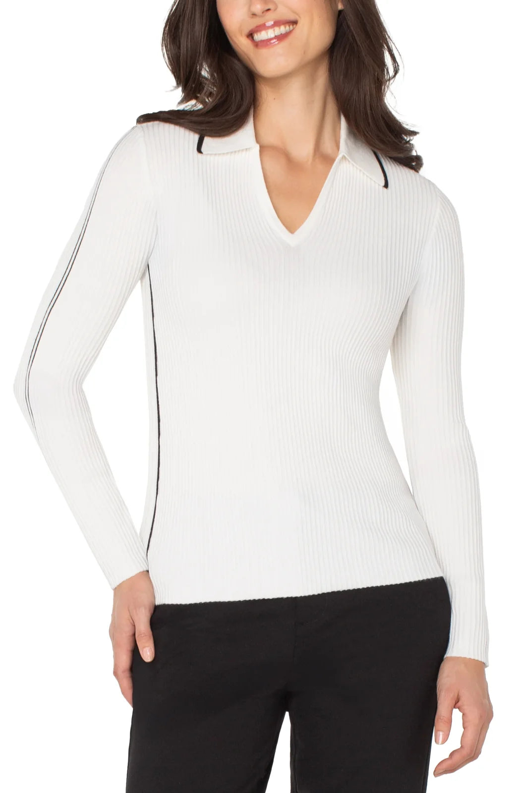 White Sweater with Collar and Black Detail