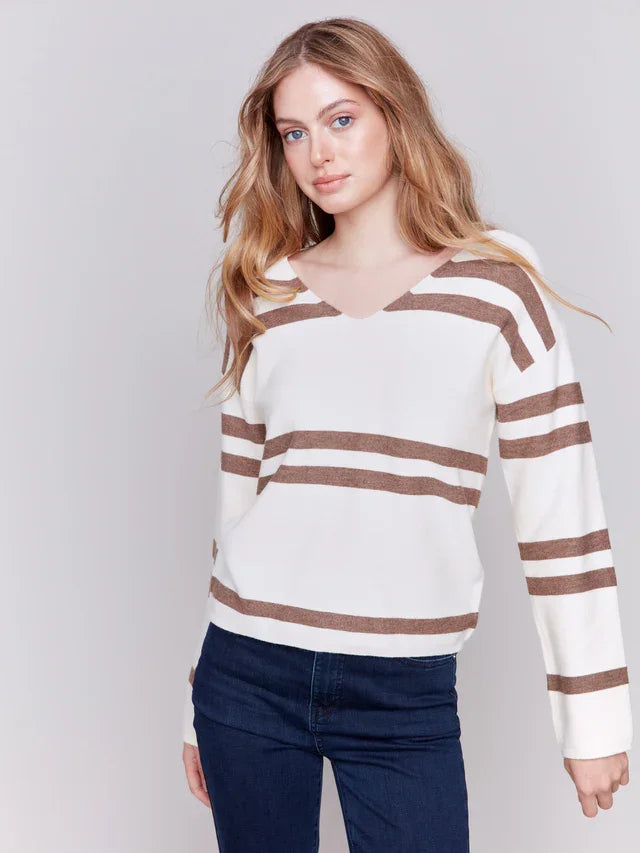 Ecru-striped V-neck sweater, perfect for coastal boutique clothing and stylish tops for women.