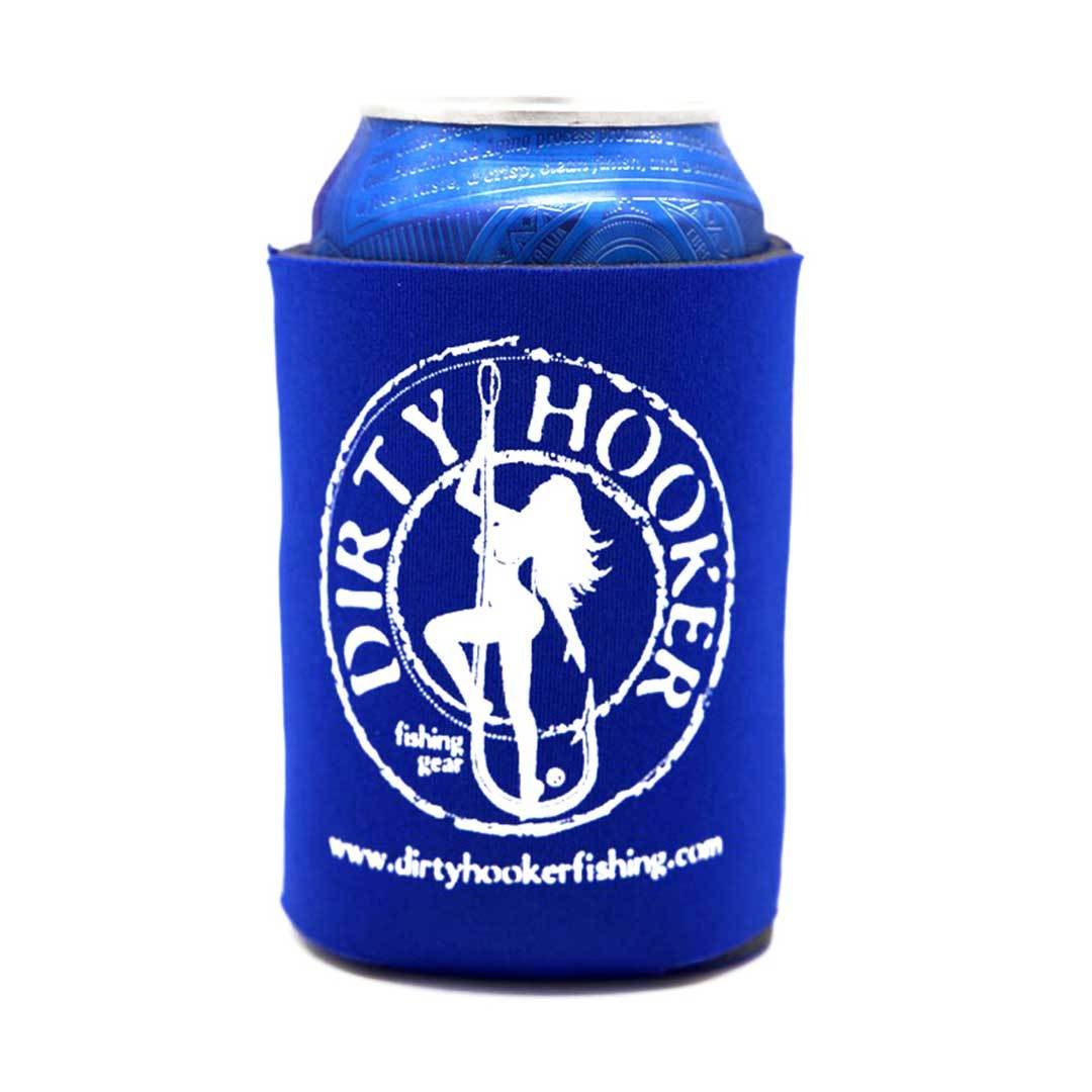 Dirty Hooker Classic Koozie Blue displaying a can, perfect for keeping drinks cold at Raggdoll Boutique in Port Aransas.