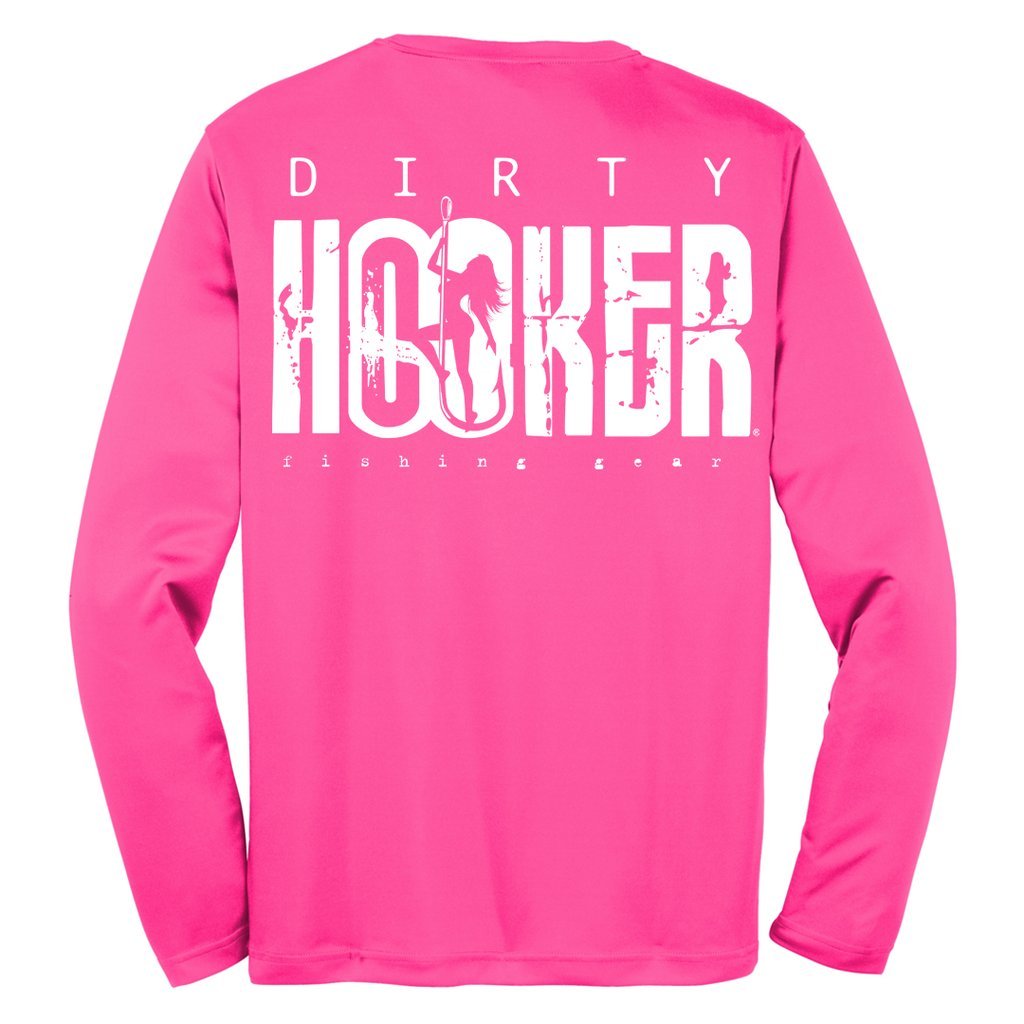 Pink long-sleeve shirt with 'Dirty Hooker Fishing Gear' printed on the back, ideal for coastal and fishing enthusiasts.