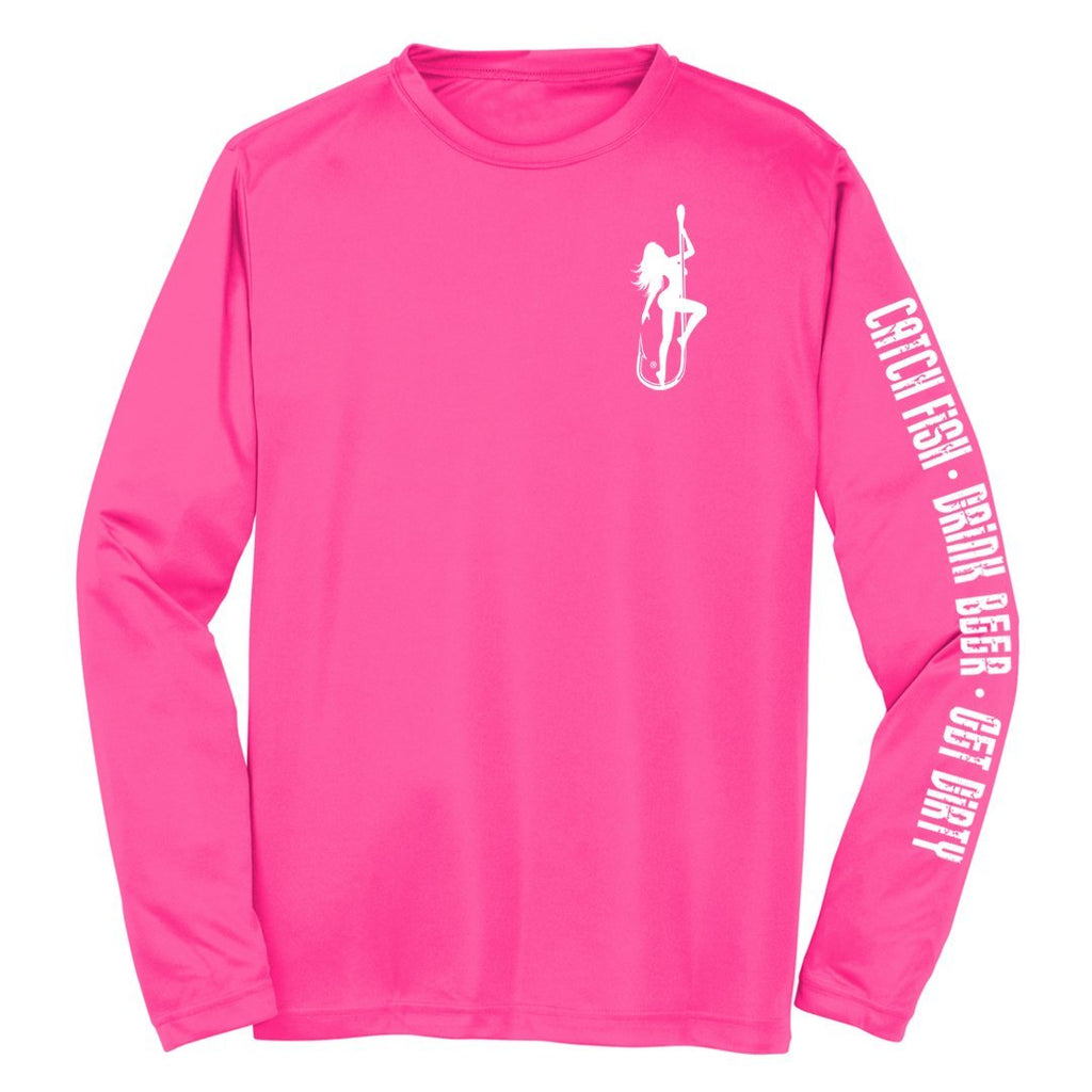 Bright pink long sleeve shirt with fishing graphic and playful text, perfect for summer outfits at Raggdoll Boutique in Port Aransas.