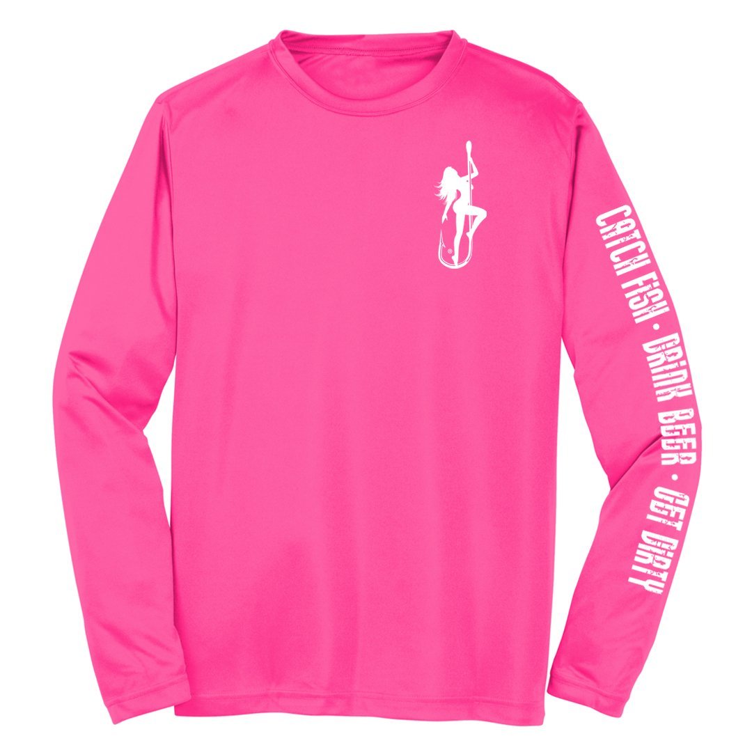 Bright pink long sleeve shirt with fishing graphic and playful text, perfect for summer outfits at Raggdoll Boutique in Port Aransas.