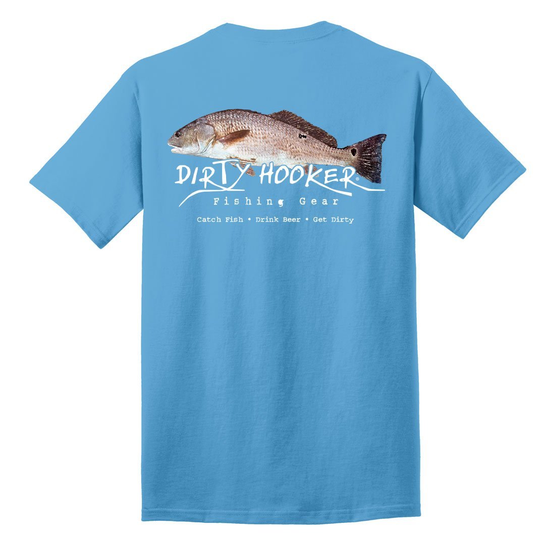 Dirty Hooker Name Tha' Redfish Premium T-Shirt Aqua featuring a fishing graphic on a light blue shirt.
