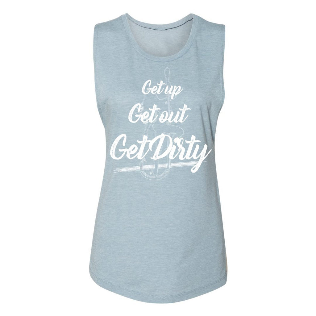 Light blue tank top with "Get up Get out Get Dirty" graphic, perfect for summer outfits at Raggdoll Boutique.